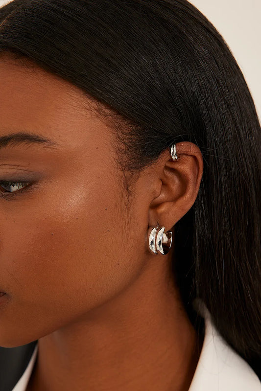 Chunky Double Layer Hoops and Ear Cuff Silver
