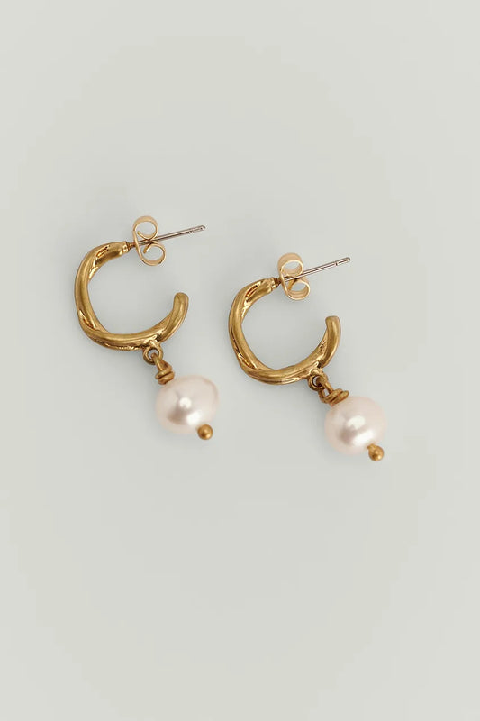 Frosted Hanging Pearl Hoops Gold