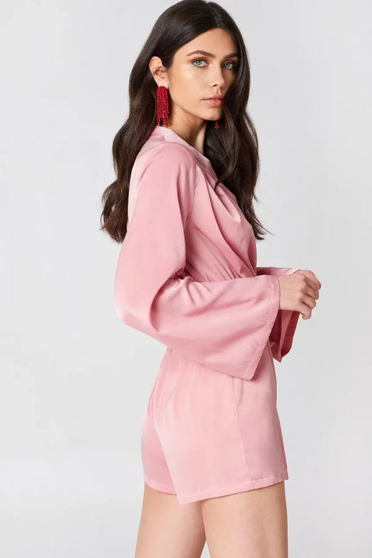 Deep V-neck Satin Playsuit Pink