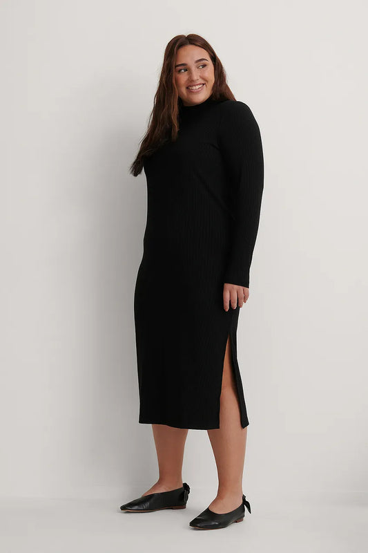 Recycled Highneck Ribbed Basic Longsleeve Dress