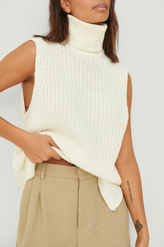 High Neck Knitted Vest White