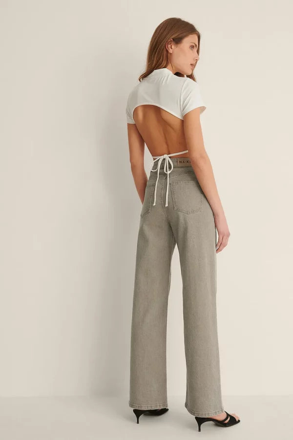 High Neck Open Back Tie Detail Top Offwhite