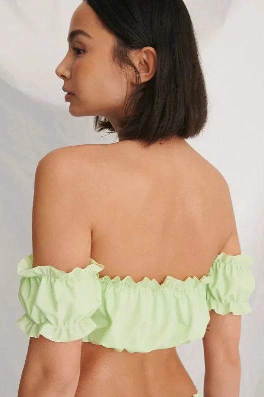 Off Shoulder Recycled Ruffled Bikini Top Green