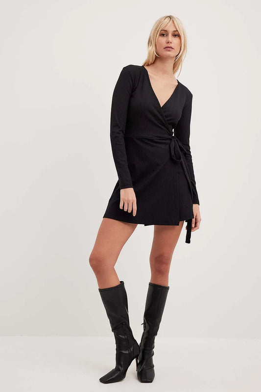 Overlap Tie Short Dress Black