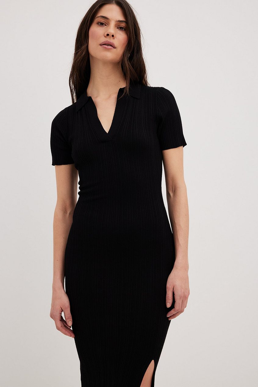 Rib Knitted Collar Midi Dress