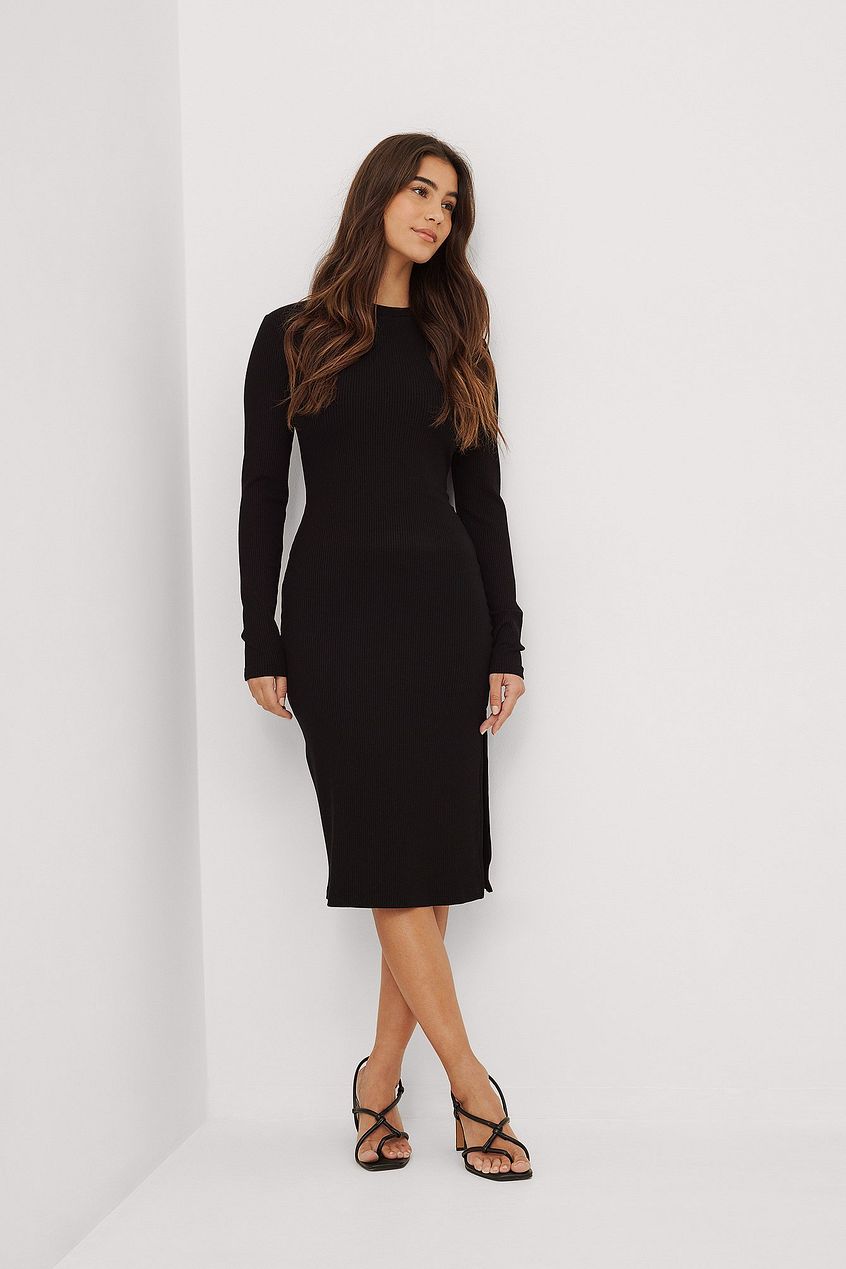 Ribbed Slit Detail Midi Dress