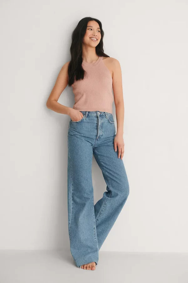 Ribbed High Neck Cropped Knitted Singlet
