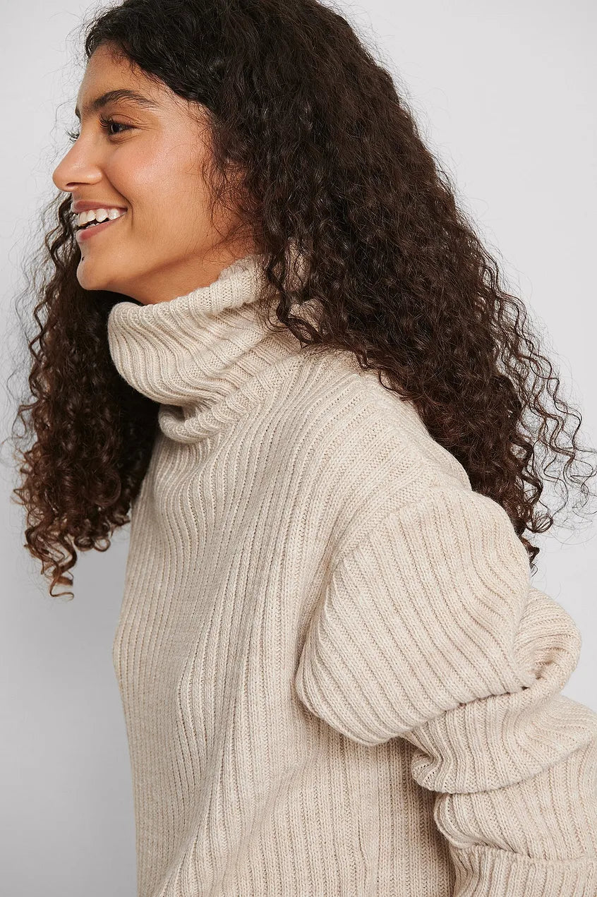 Ribbed Knitted Turtleneck Side Slit Sweater