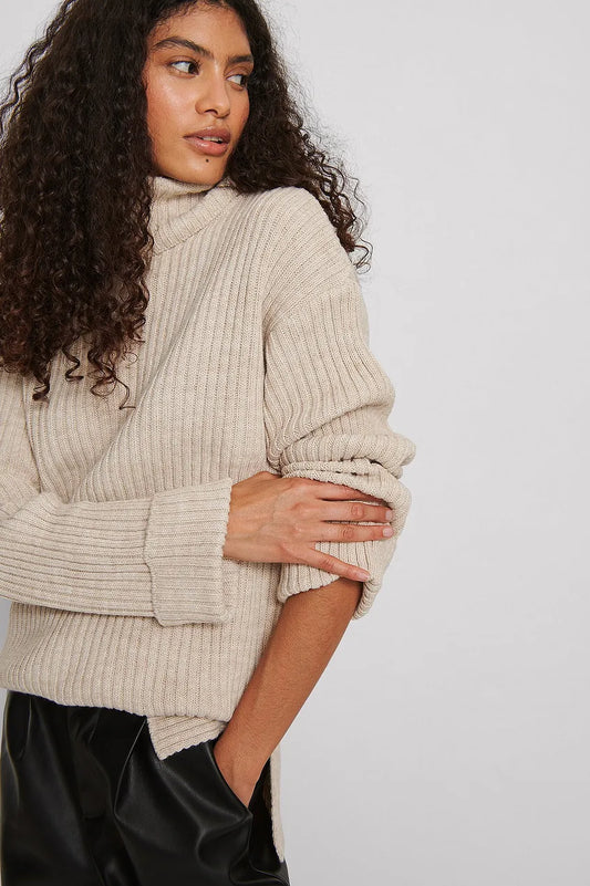 Ribbed Knitted Turtleneck Side Slit Sweater