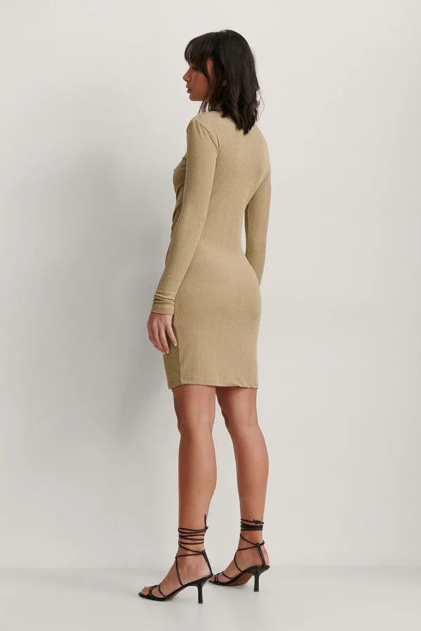 Rouched Button Detail Dress Beige