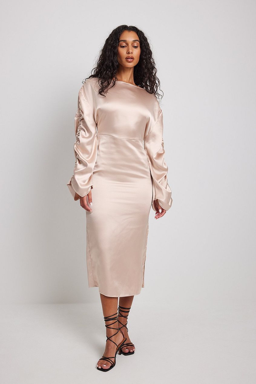 Ruched Satin Midi Dress