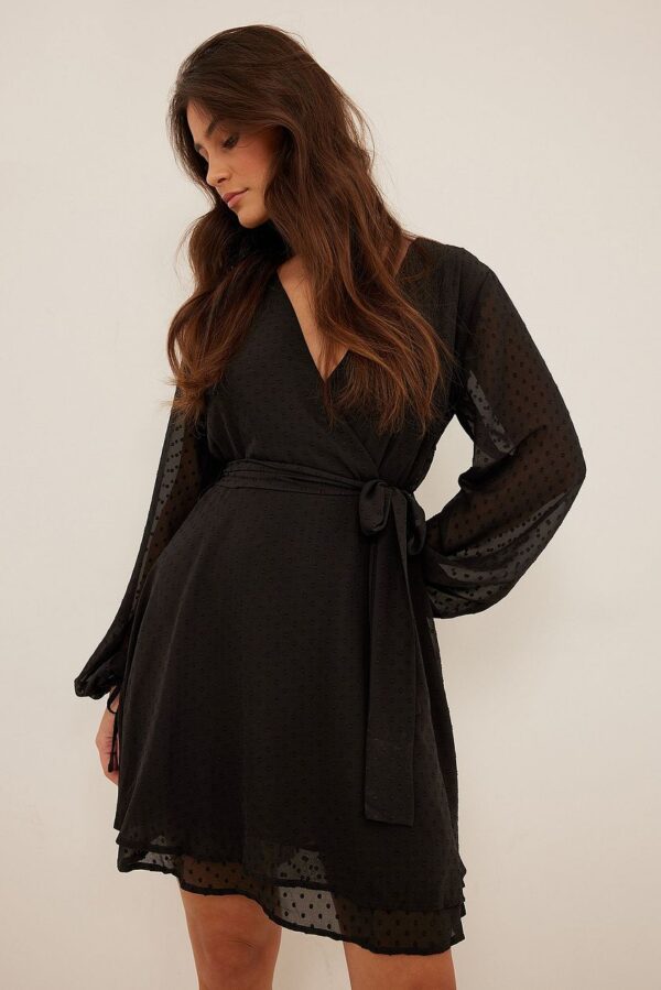 Shirred Overlap Dobby Dress Black