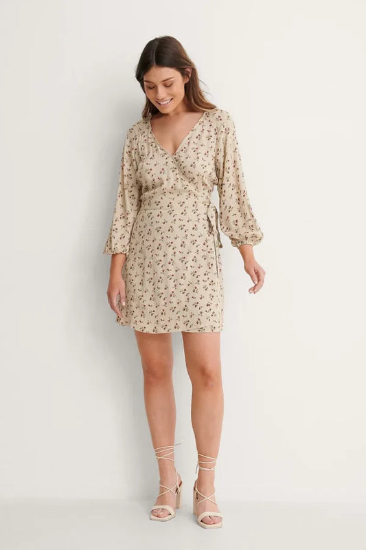 Tie Overlap Mini Dress Beige