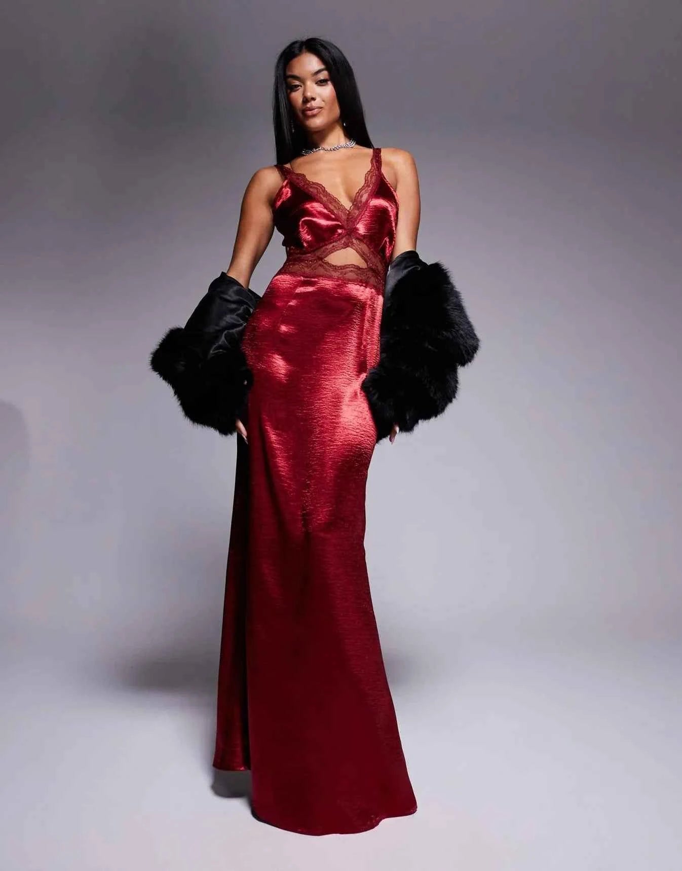 Never Fully Dressed Mimi satin midaxi dress in burgundy