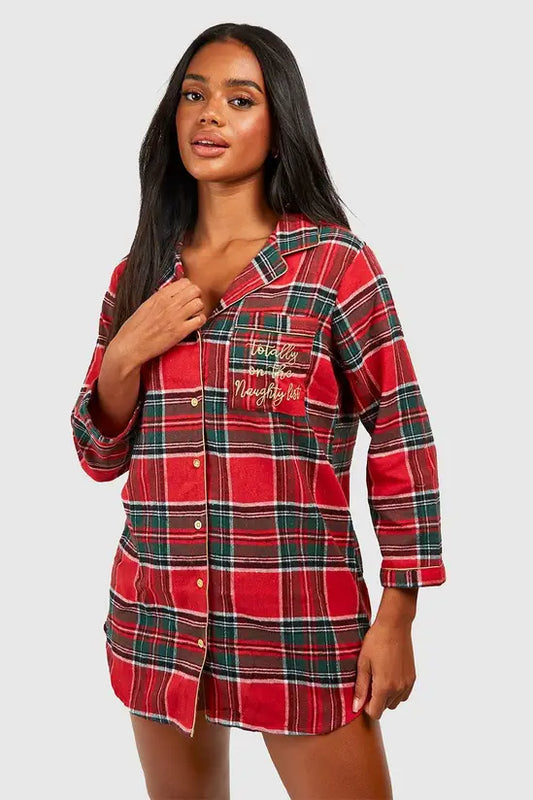 boohoo Christmas Naughty List Embroidered Flannel Night Shirt
