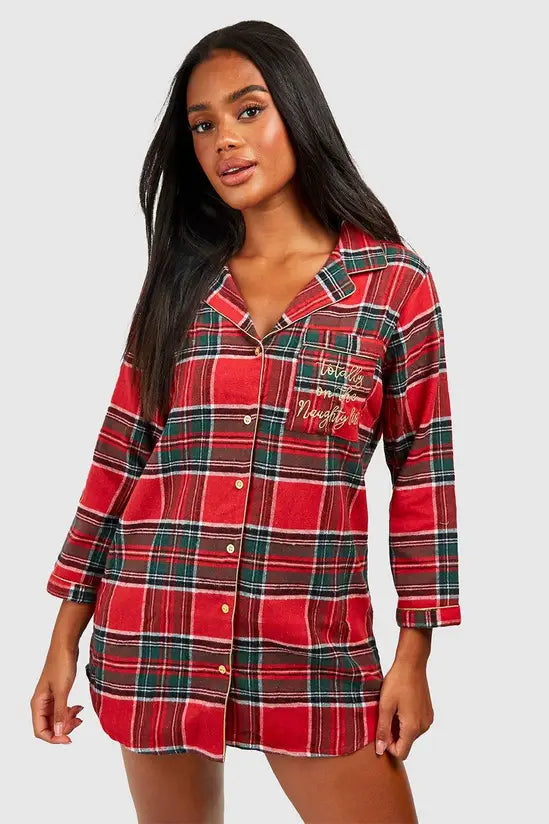 boohoo Christmas Naughty List Embroidered Flannel Night Shirt