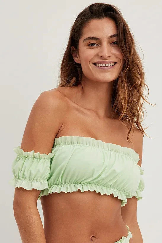 Off Shoulder Recycled Ruffled Bikini Top Green