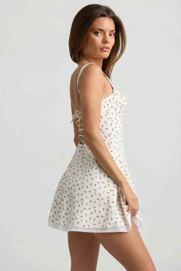Ohpolly - Lace-Up Cotton-Poplin Mini Dress in Rose Print