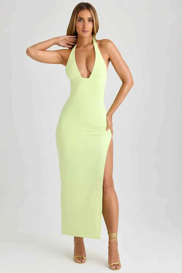 Ohpolly - Modal Halter-Neck Thigh-Split Maxi Dress in Matcha Green