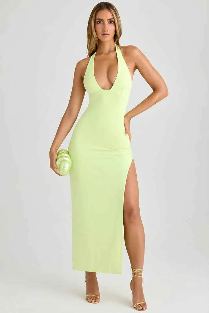 Ohpolly - Modal Halter-Neck Thigh-Split Maxi Dress in Matcha Green