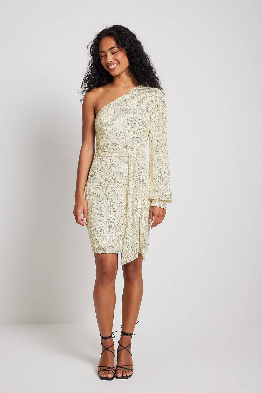 One Shoulder Belted Sequin Dress