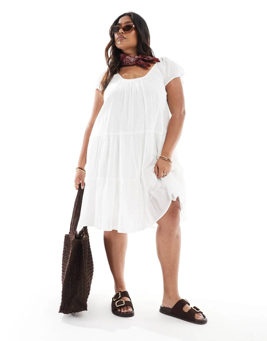 ONLY Curve scoop neck tiered boho midi dress in white