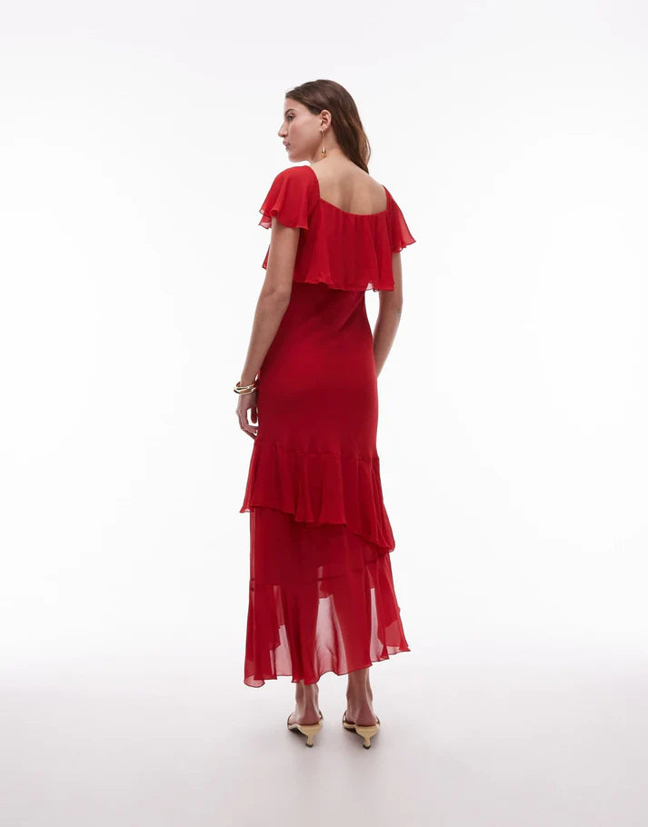 & Other Stories asymmetric midaxi dress with tiered ruffles in red