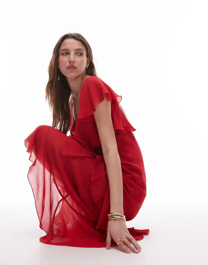 & Other Stories asymmetric midaxi dress with tiered ruffles in red