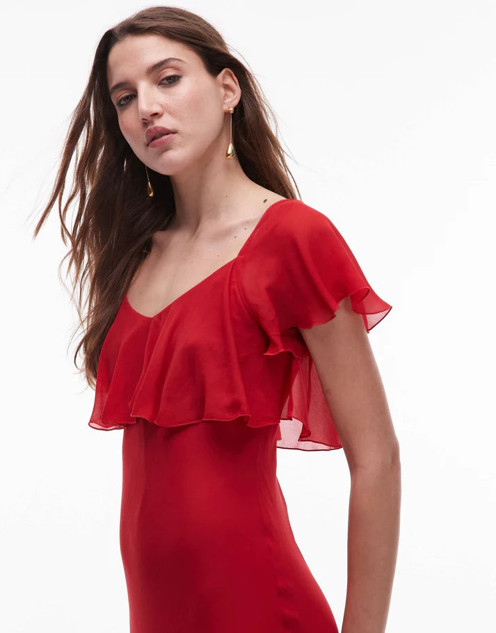 & Other Stories asymmetric midaxi dress with tiered ruffles in red