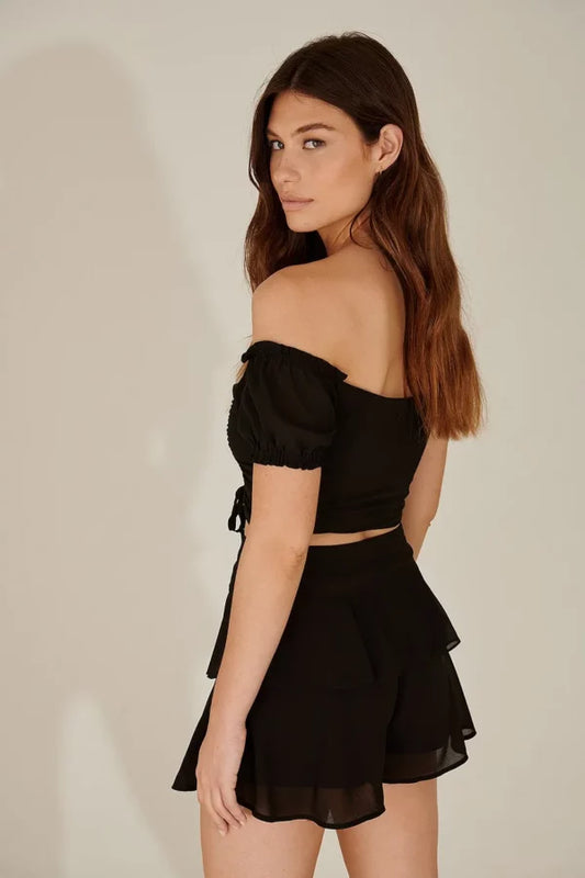 Recycled Drawstring Detail Off Shoulder Top Black