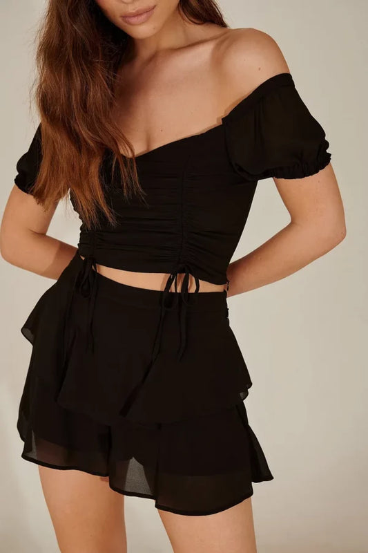 Recycled Drawstring Detail Off Shoulder Top Black