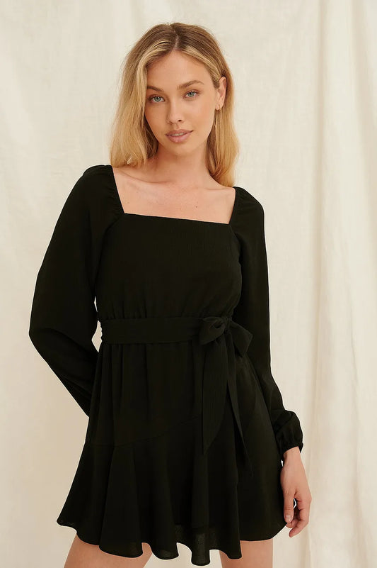Overlapped Frill Mini Dress Black