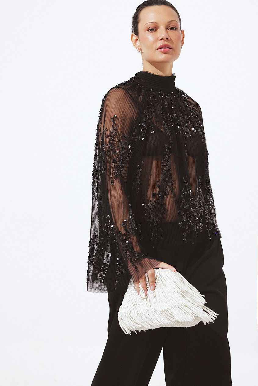 Na-kd - Pleated Mesh Sequin Scarf Top