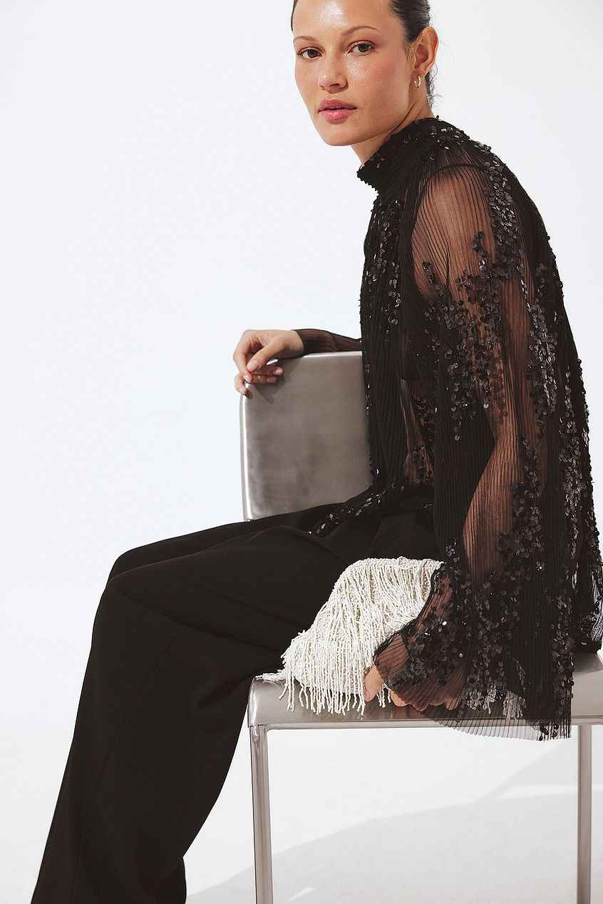 Na-kd - Pleated Mesh Sequin Scarf Top