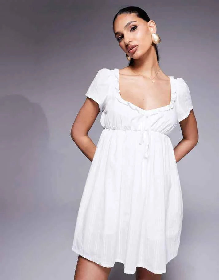 Princess Polly cotton puff sleeve sweetheart neckline tie detail mini dress in white