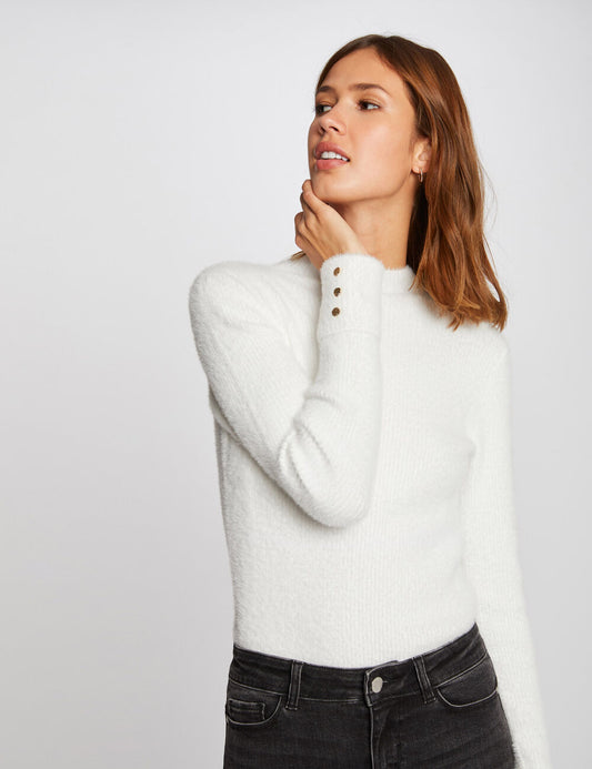 Long-sleeve fuzzy knit sweater ecru women