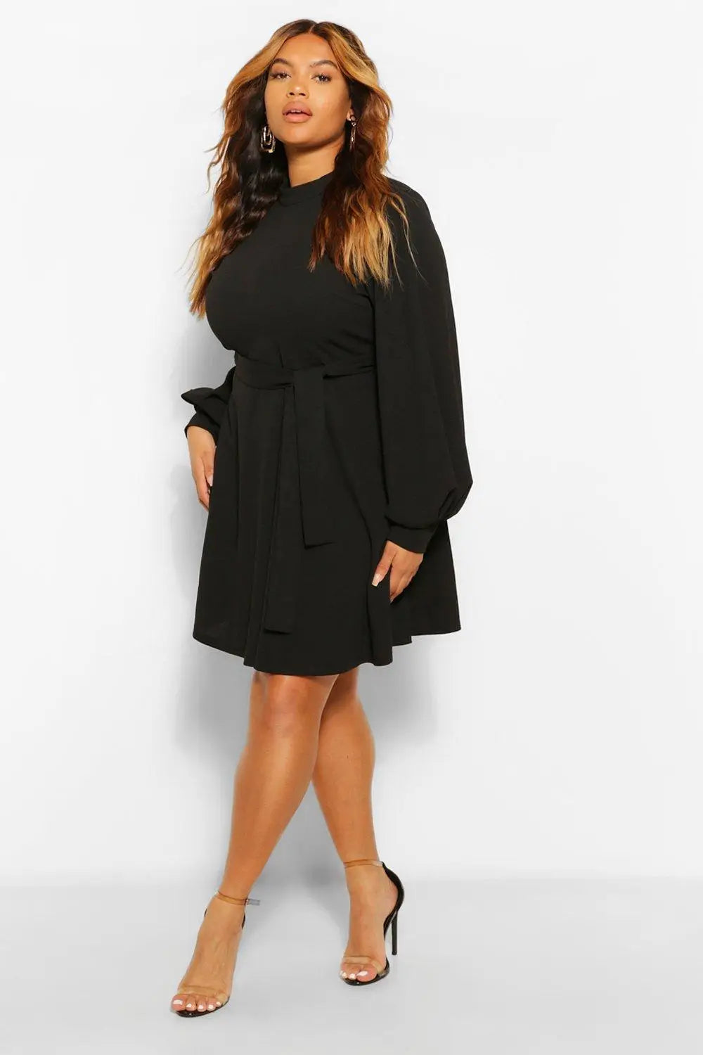 boohoo Plus High Neck Blouson Sleeve Skater Dress