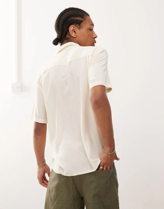 Reclaimed Vintage short sleeve boxy revere shirt in ecru viscose
