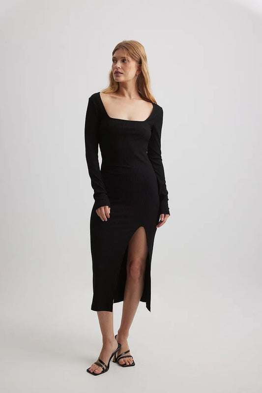 Square Neck Slit Rib Dress