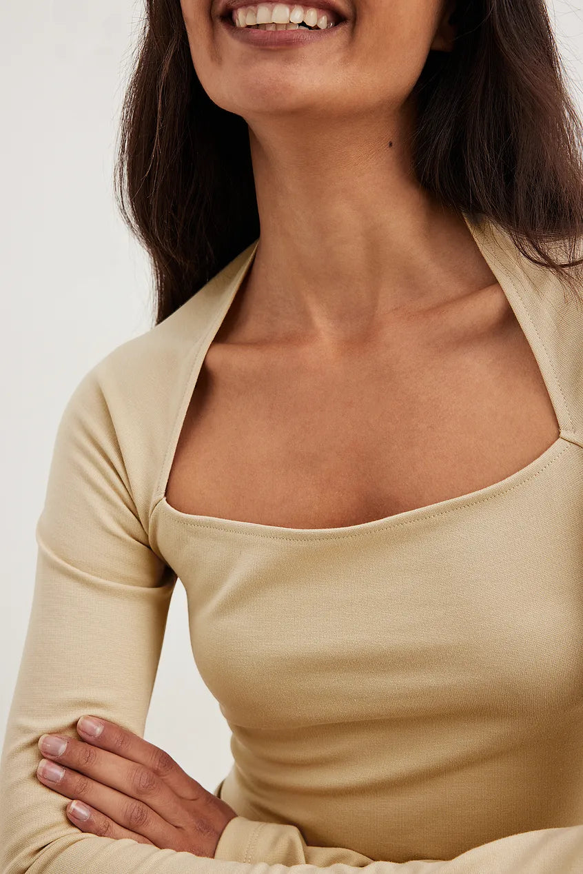 Square Neck Trumpet Sleeve Top Beige