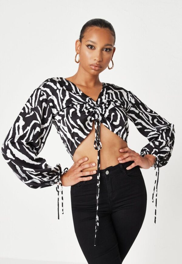 Tall Black Zebra Print Ruched Front Crop Top