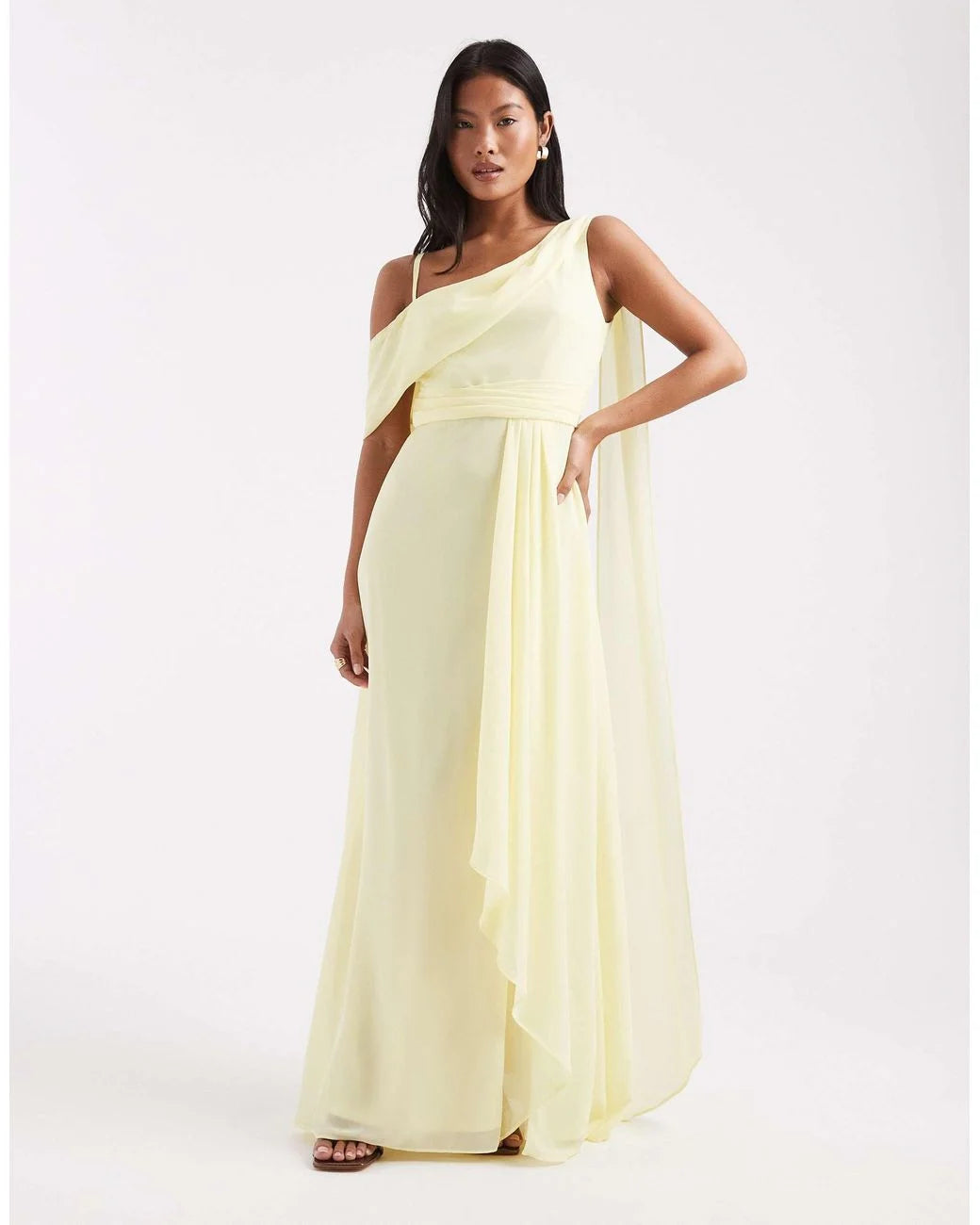 TFNC Petite bridesmaids chiffon fallen shoulder maxi dress in yellow