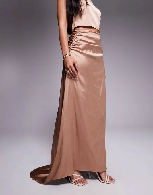 TFNC satin train maxi skirt co-ord in mocha