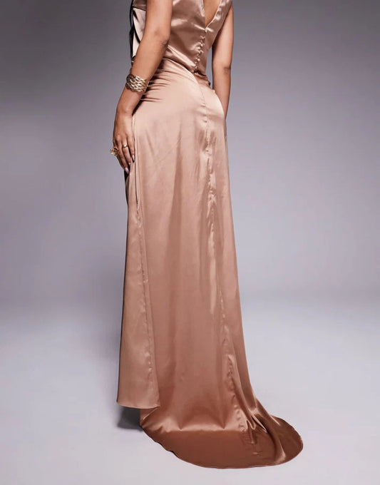 TFNC satin train maxi skirt co-ord in mocha