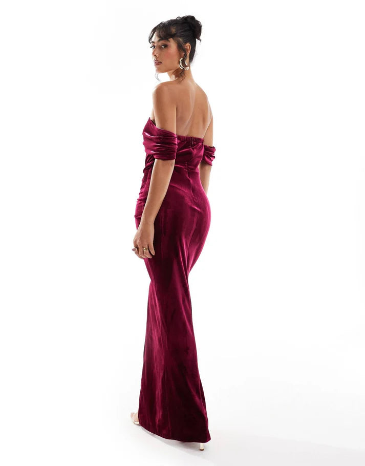 TFNC - Velvet Off shoulder maxi dress in burgundy