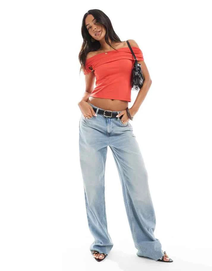 The Frolic exclusive foldover bardot top with heart hardware detail in red