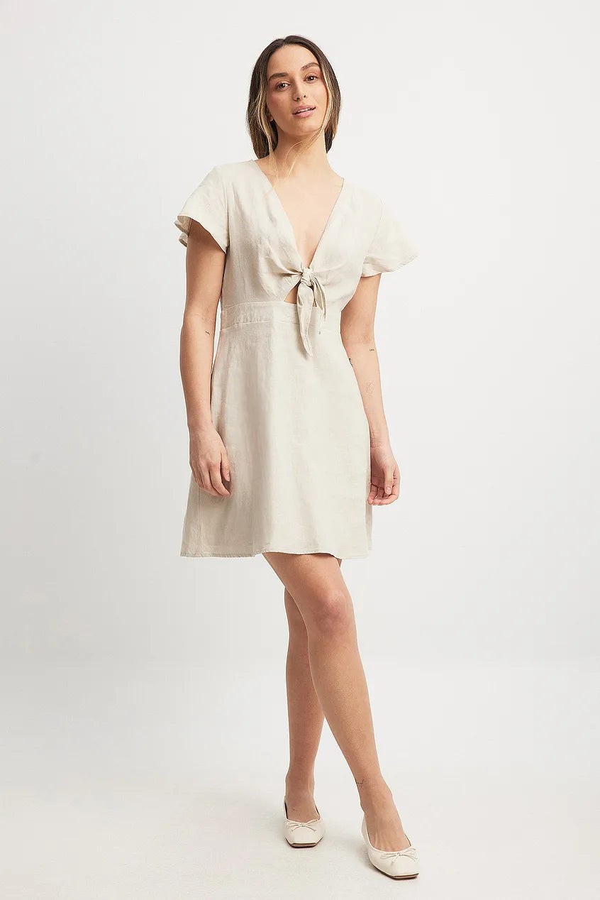 Tie Front Linen Dress Beige