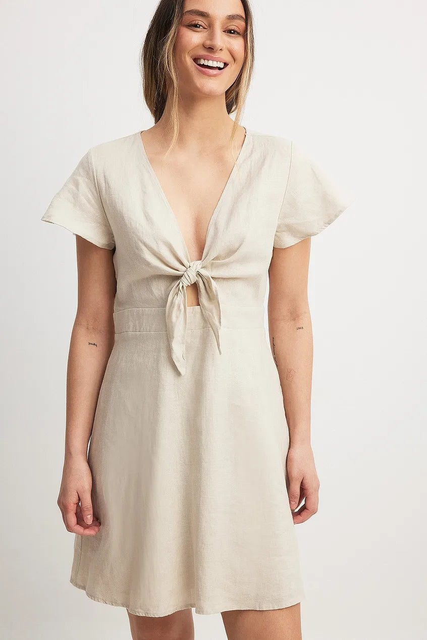 Tie Front Linen Dress Beige
