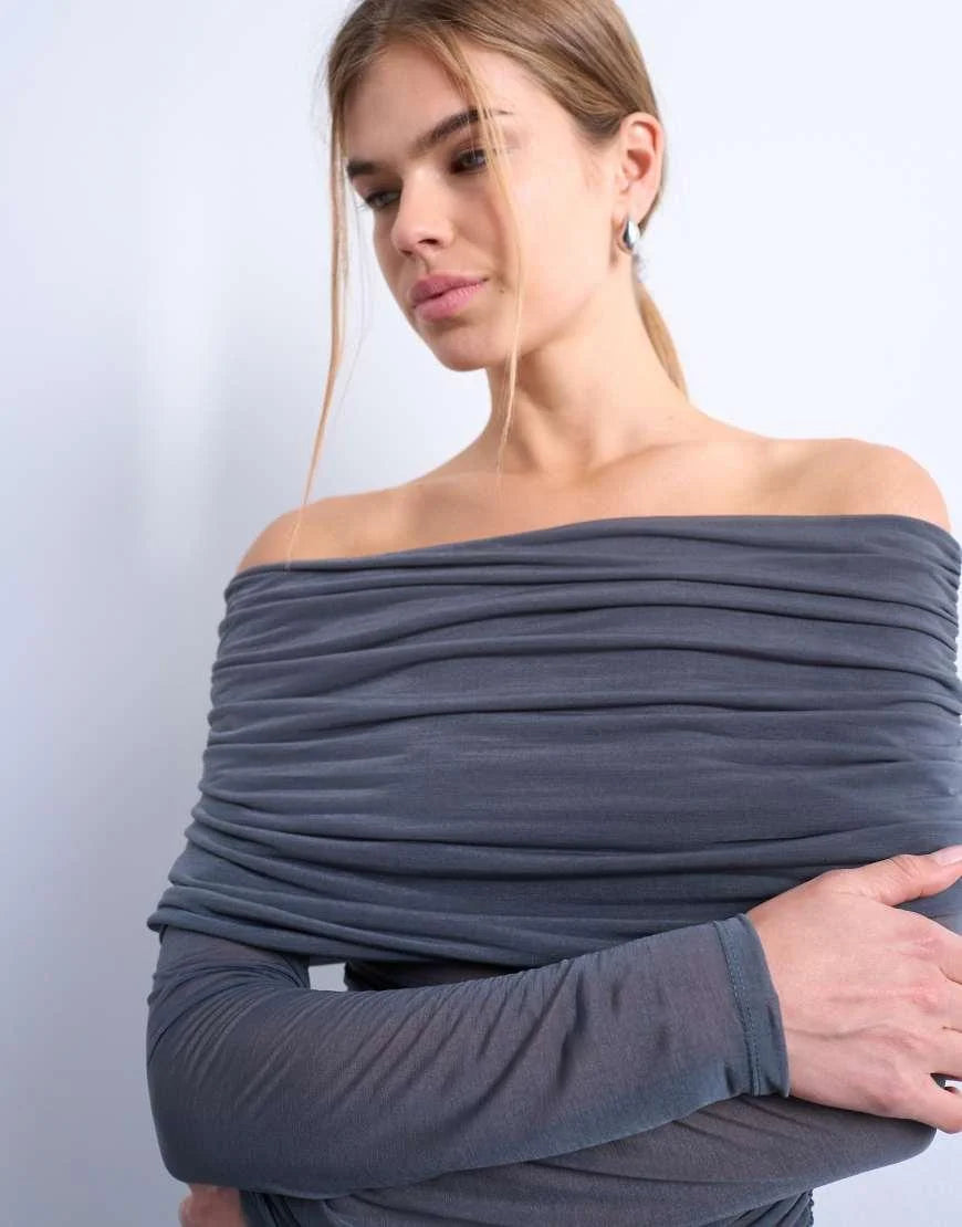 Topshop mesh bardot fold over long sleeve top in grey