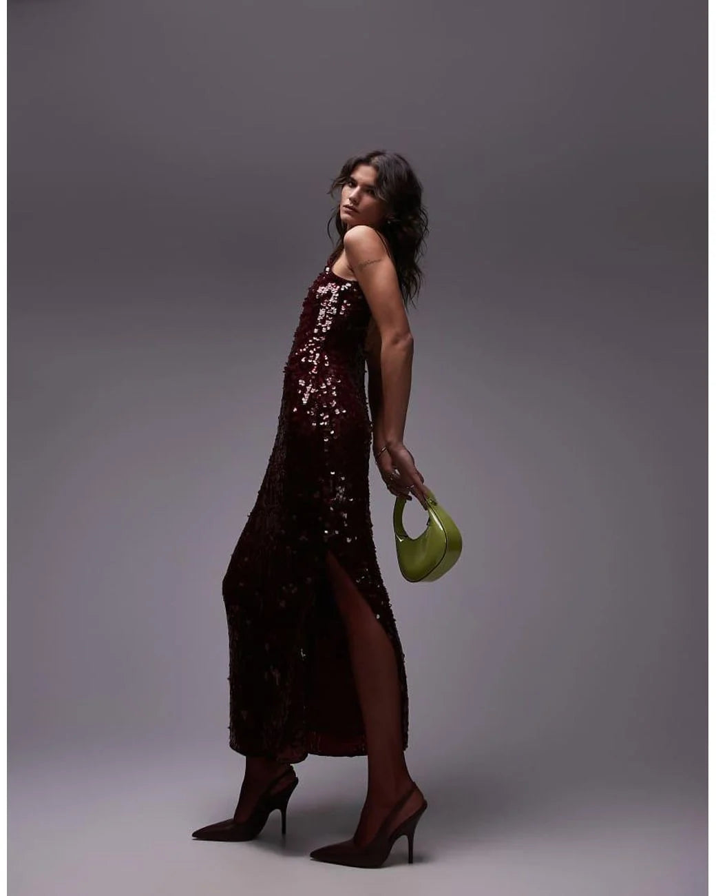 Topshop premium sequin slip maxi dress in oxblood